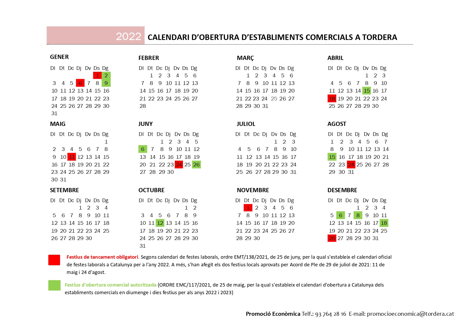 Calendari d'obertura d'establiments comercials a Tordera 2022
