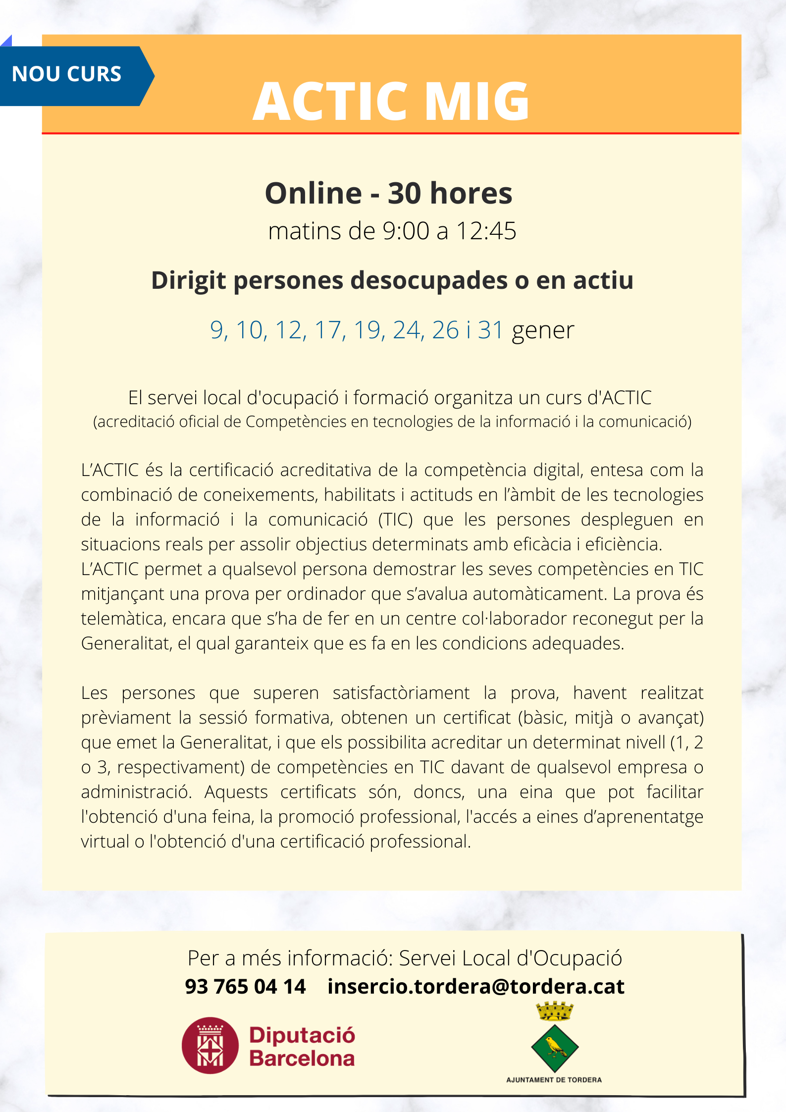 (NOU CURS) El Servei d'Inserció i Ocupació laboral organitza una segona edició de curs telemàtic per aconseguir l'ACTIC mig (acreditació en competències digitals)