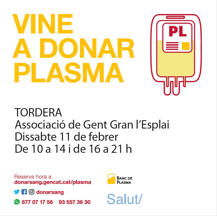 Aquest dissabte 11 de febrer es realitza una campanya de donació de plasma a l'Esplai de la Gent Gran