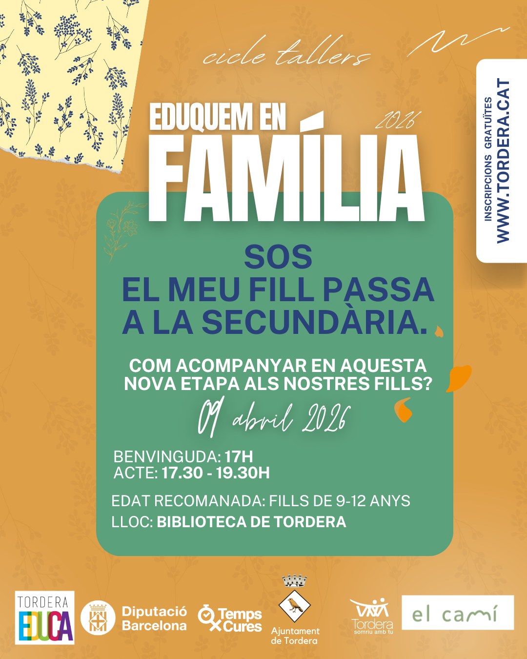 TALLER Eduquem en fam&iacute;lia SOS El meu fill passa a la secund&agrave;ria